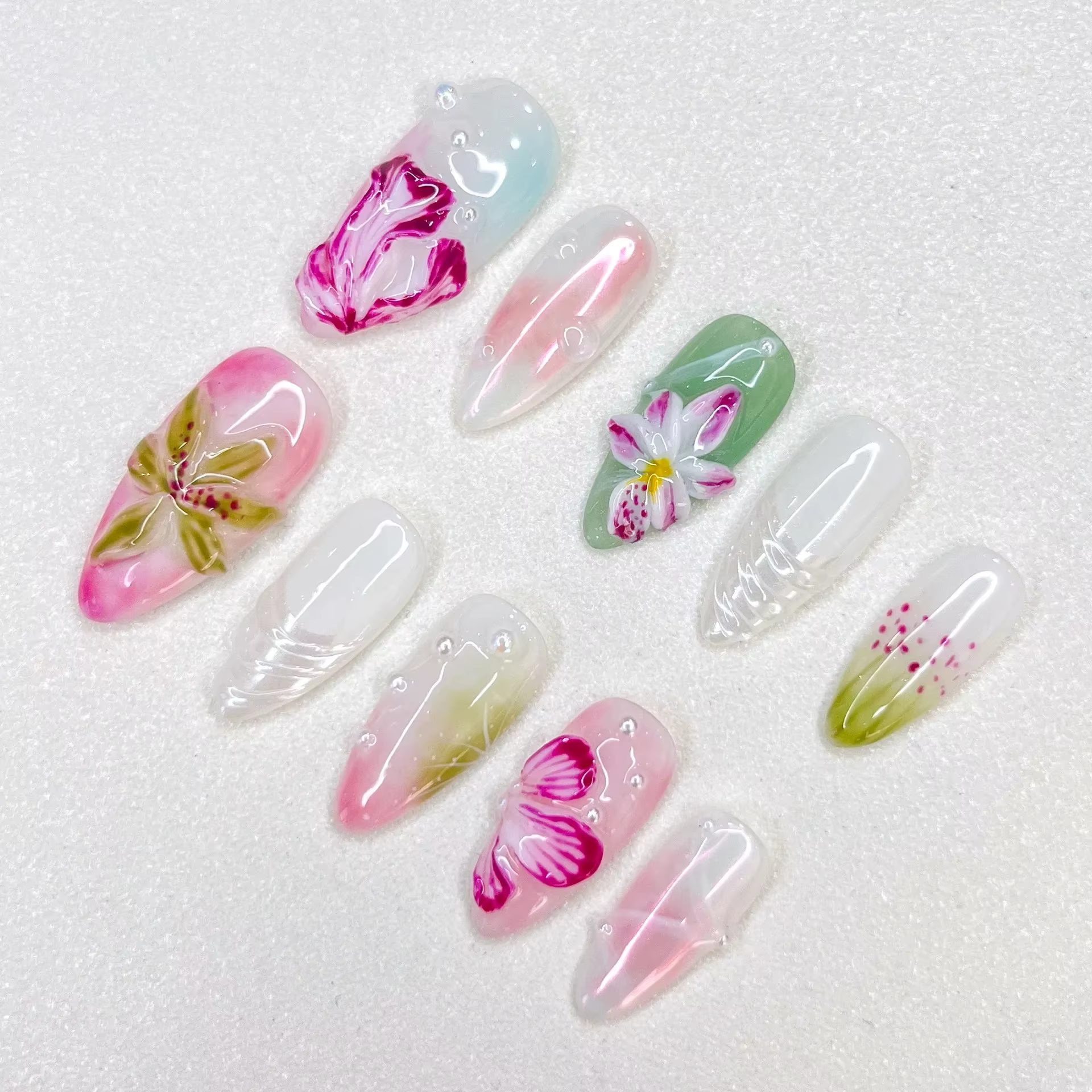 Printemps fait à la main presse sur ongles 10 pièces brillant rose 3D fleur