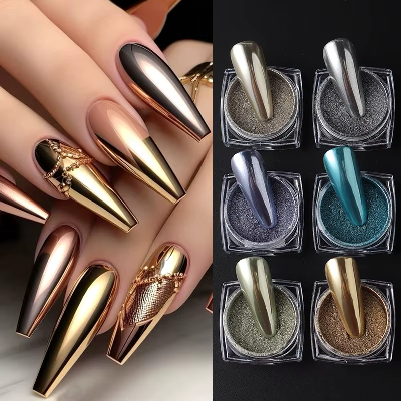 Poudre à ongles chromée or argent Rose