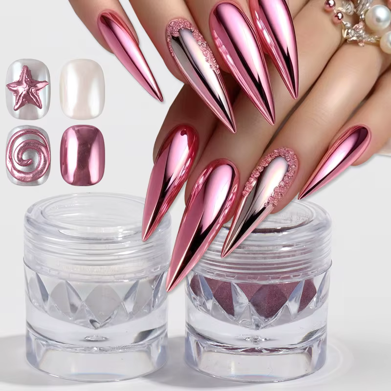 2 boîtes de poudre à ongles rose et blanche chromée