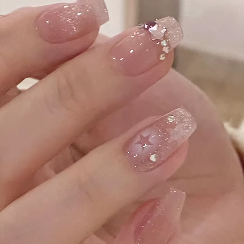 24 pièces paillettes diamant presse sur ongles Blush rose oeil de chat faux