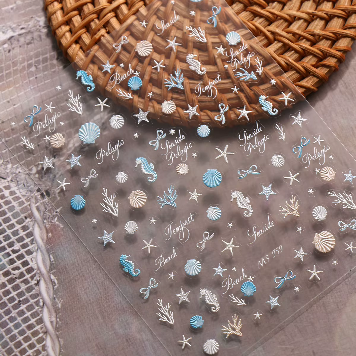 Autocollants pour ongles Coquillages Océaniques Aurora - Décorations 3D en relief Étoiles de mer et Hippocampes pour