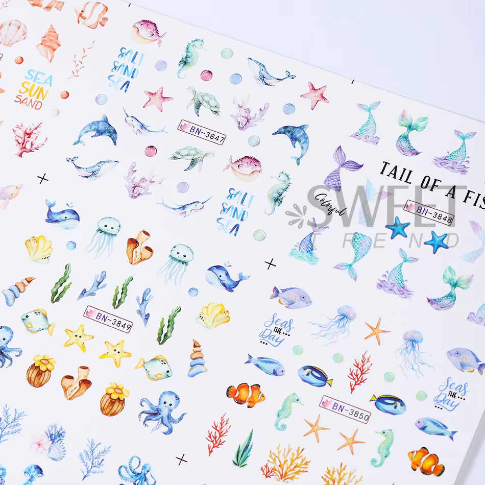 12 Motifs Autocollants Ongles Thème Océan Estival Coquillages Étoiles de Mer Méduses Décoration Manucure Transfert à l'Eau