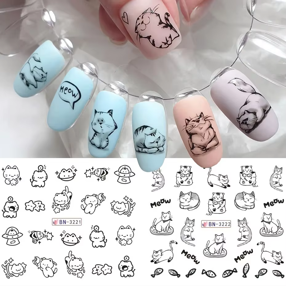 Autocollants à l'eau pour ongles chat noir