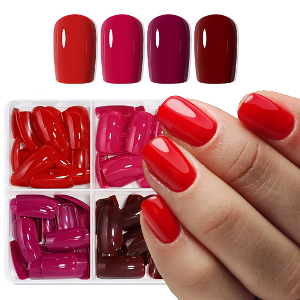 96 faux ongles carrés courts rouges mats
