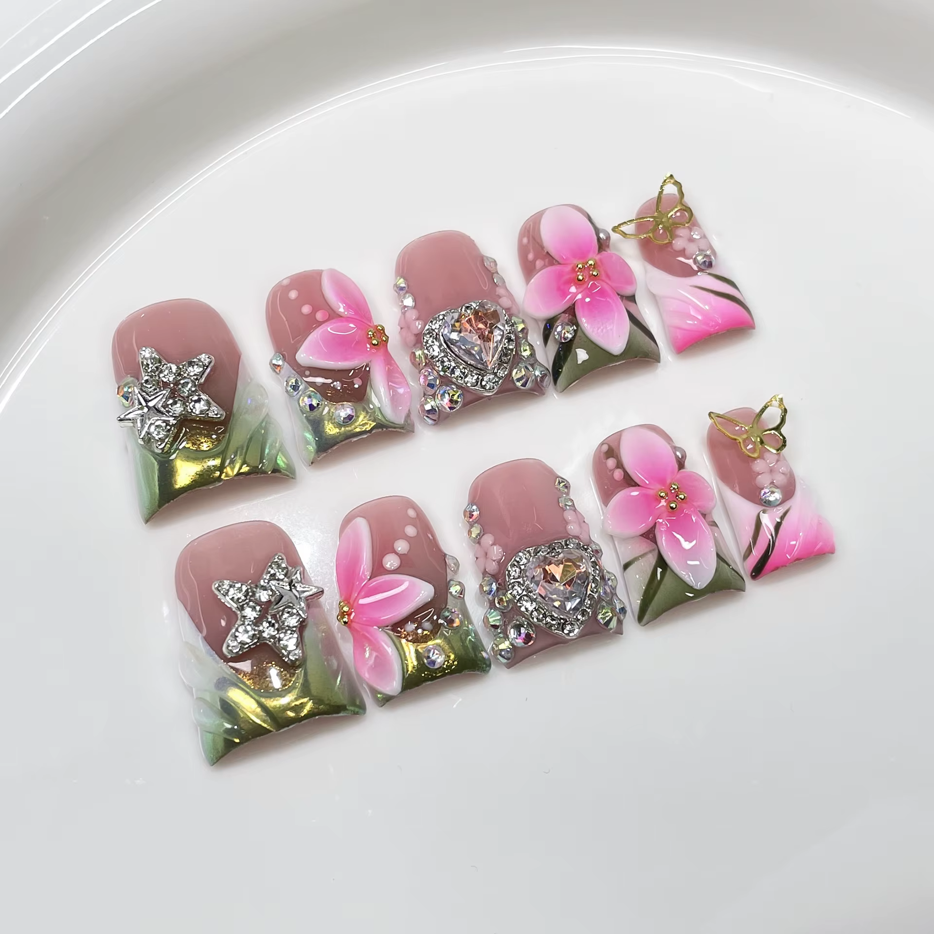 10 pièces doux doux presse sur ongles français canard Bill forme faux ongles 3D sculpture fleur strass à la main portabl