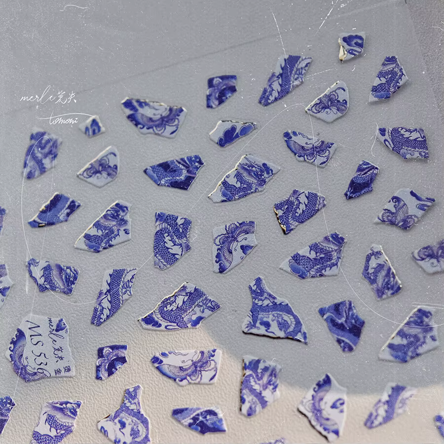 Autocollant pour ongles Dragon en porcelaine bleue et blanche