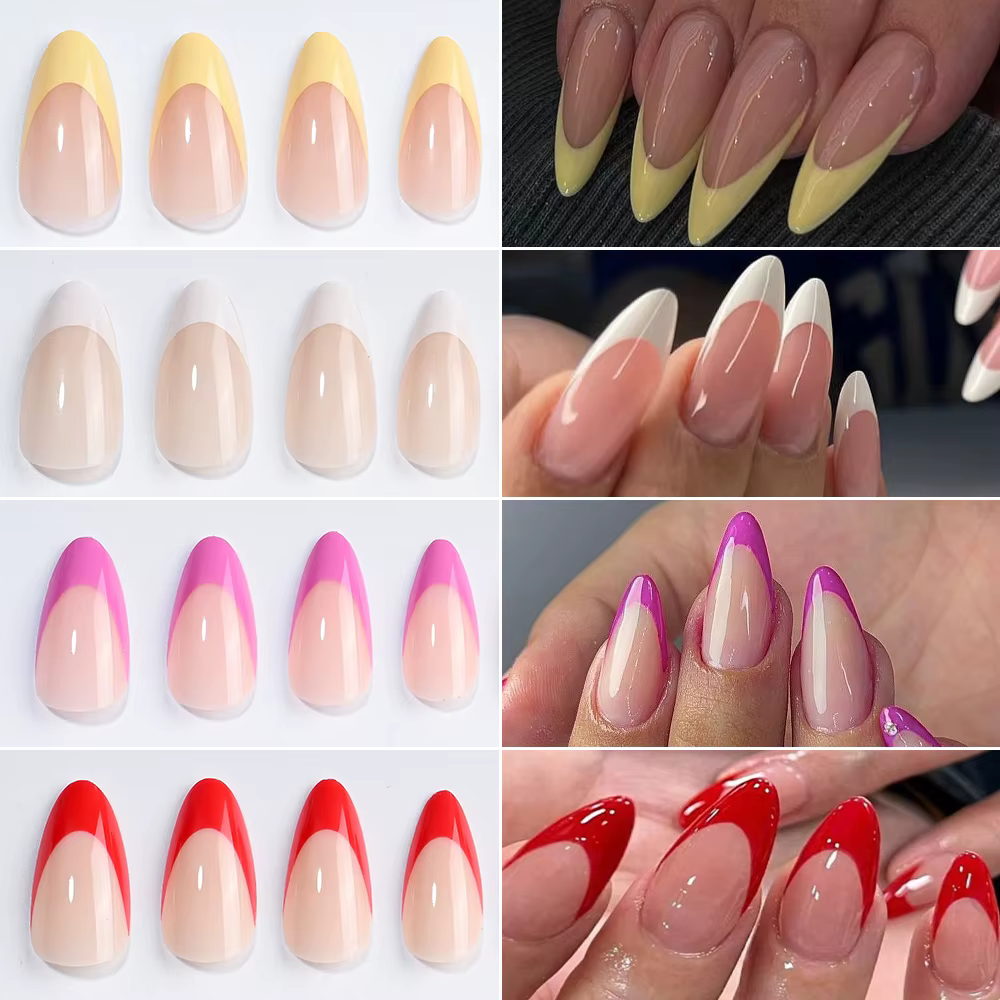 96 pièces/boîte mixte moyen amande français faux ongles blanc/rouge/rose/jaune