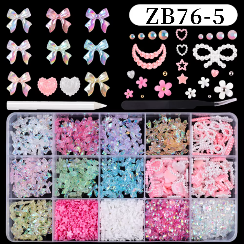 1 boîte mixte blanc perle arc Nail Art breloques doux nacré nœud papillon coeur ongles strass manucure coloré résine accessoires