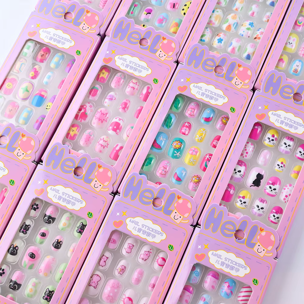 24 pièces/boîte enfants ongles pour fille dessin animé motif faux