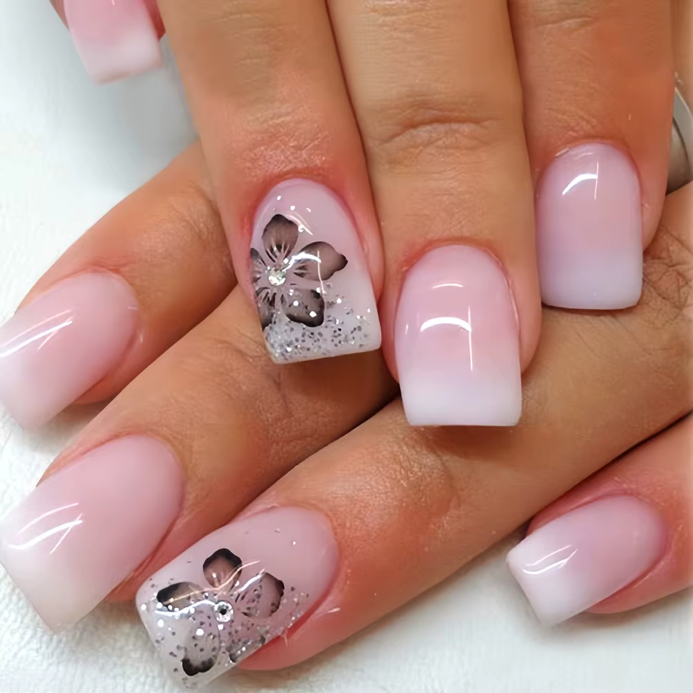 24 pièces fée fleur blanche faux ongles rose pointe française presse