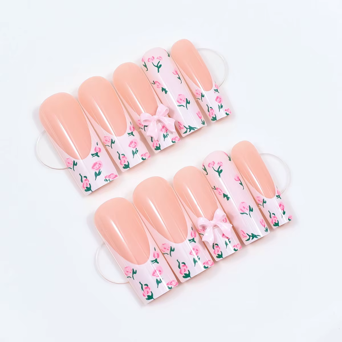 Faux ongles tubulaires longs avec nœuds cercueil rose fleur à pression pointe française portables couverture complète