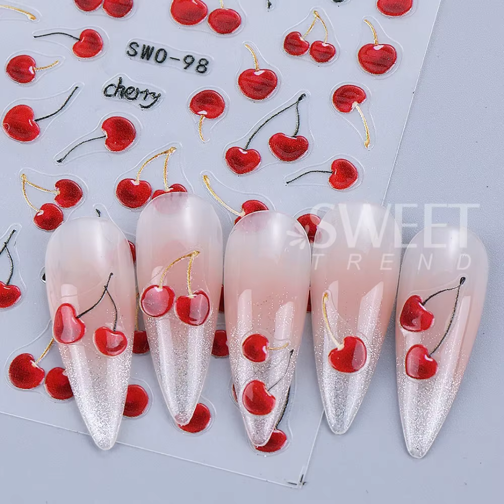 2 autocollants pour ongles en cerise rouge