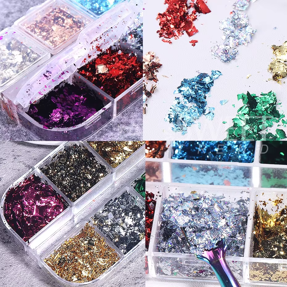 12 grilles feuilles d'or ongles paillettes aléatoires holographiques aluminium feuille d'ongle flocons autocollants