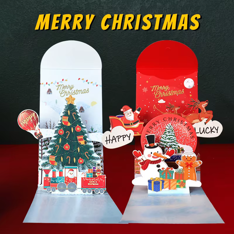 Conception originale d'enveloppes rouges de Noël stéréoscopiques 3D et cartes de vœux du jour de Noël pour la réveillon de Noël