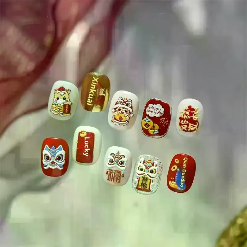 Mignon nouvel an chinois cheval année Lion danse arc Nail Art impression autocollants chanceux poney manucure décalcomanies festif en relief décor d'ongle