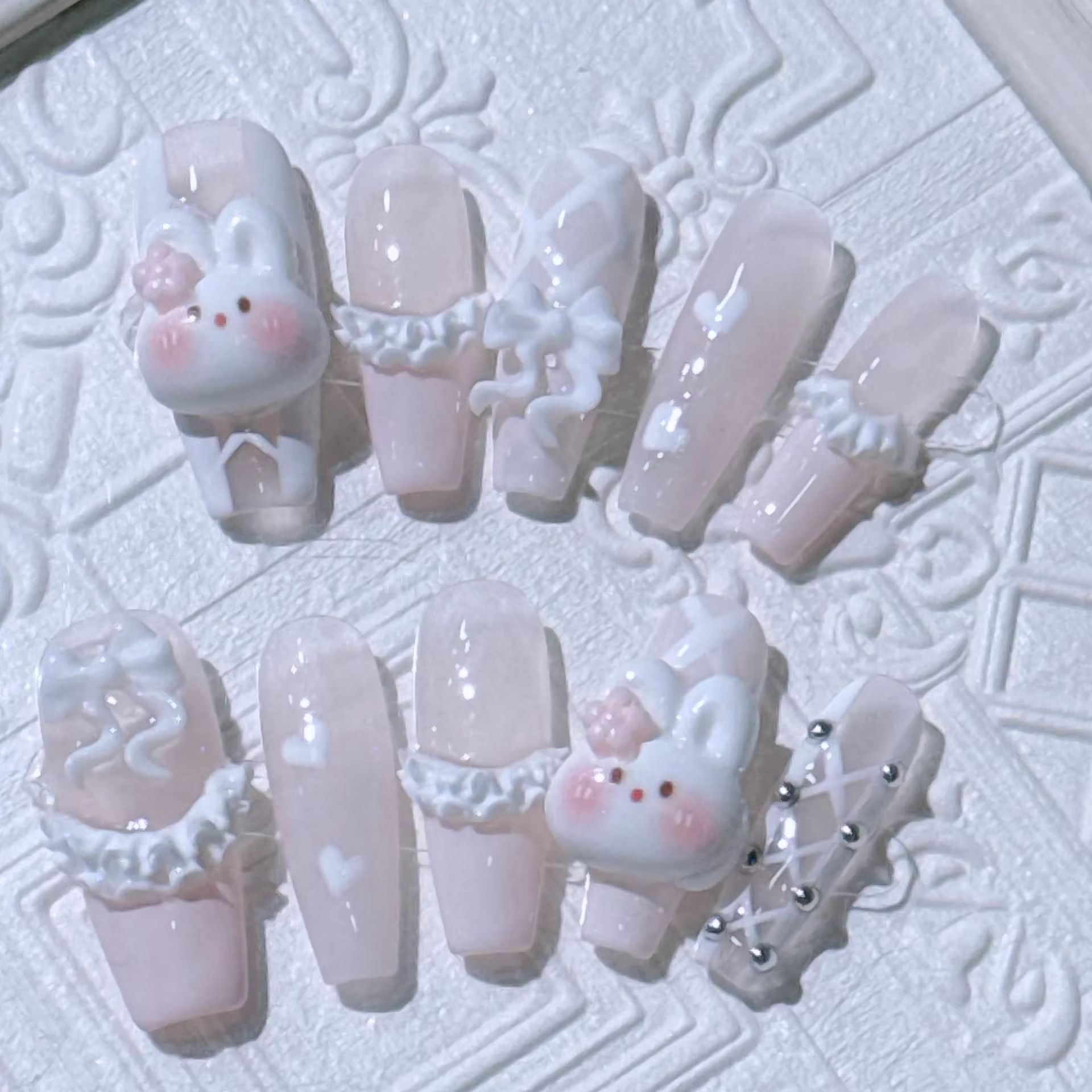 Faux ongles longs et amovibles faits à la main réutilisables simples doux français rose girly jupe en forme de cœur lapin mignon
