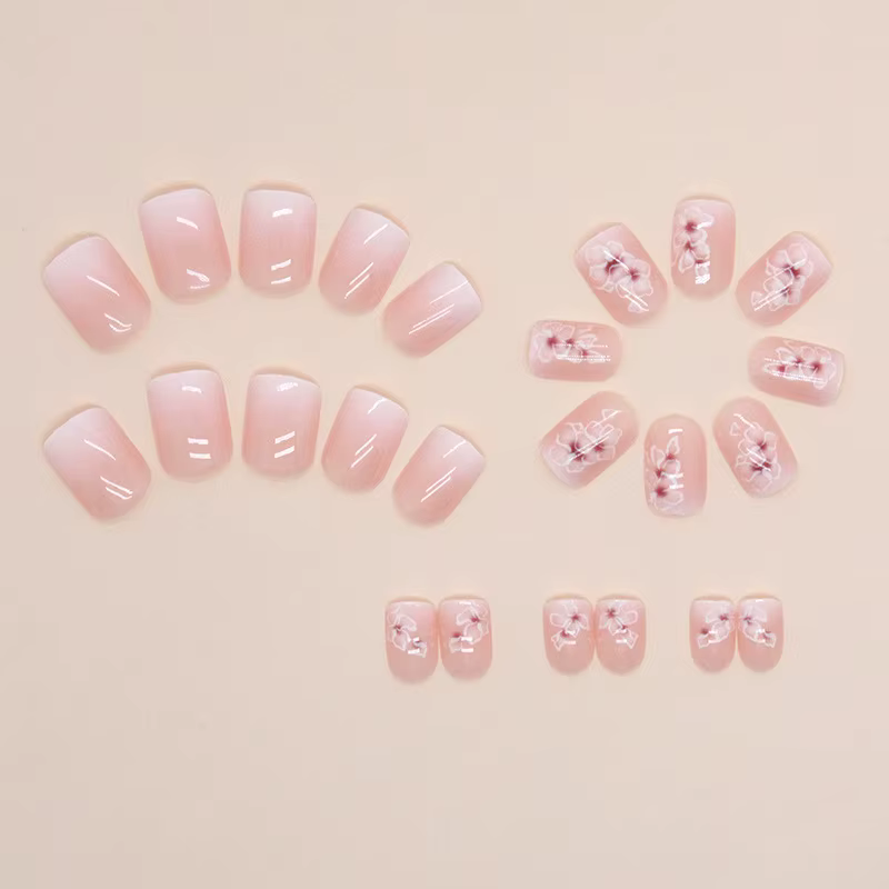24 pièces d'ongles français courts à fleurs dégradées simples avec 1 colle gelée et 1 lime à ongles