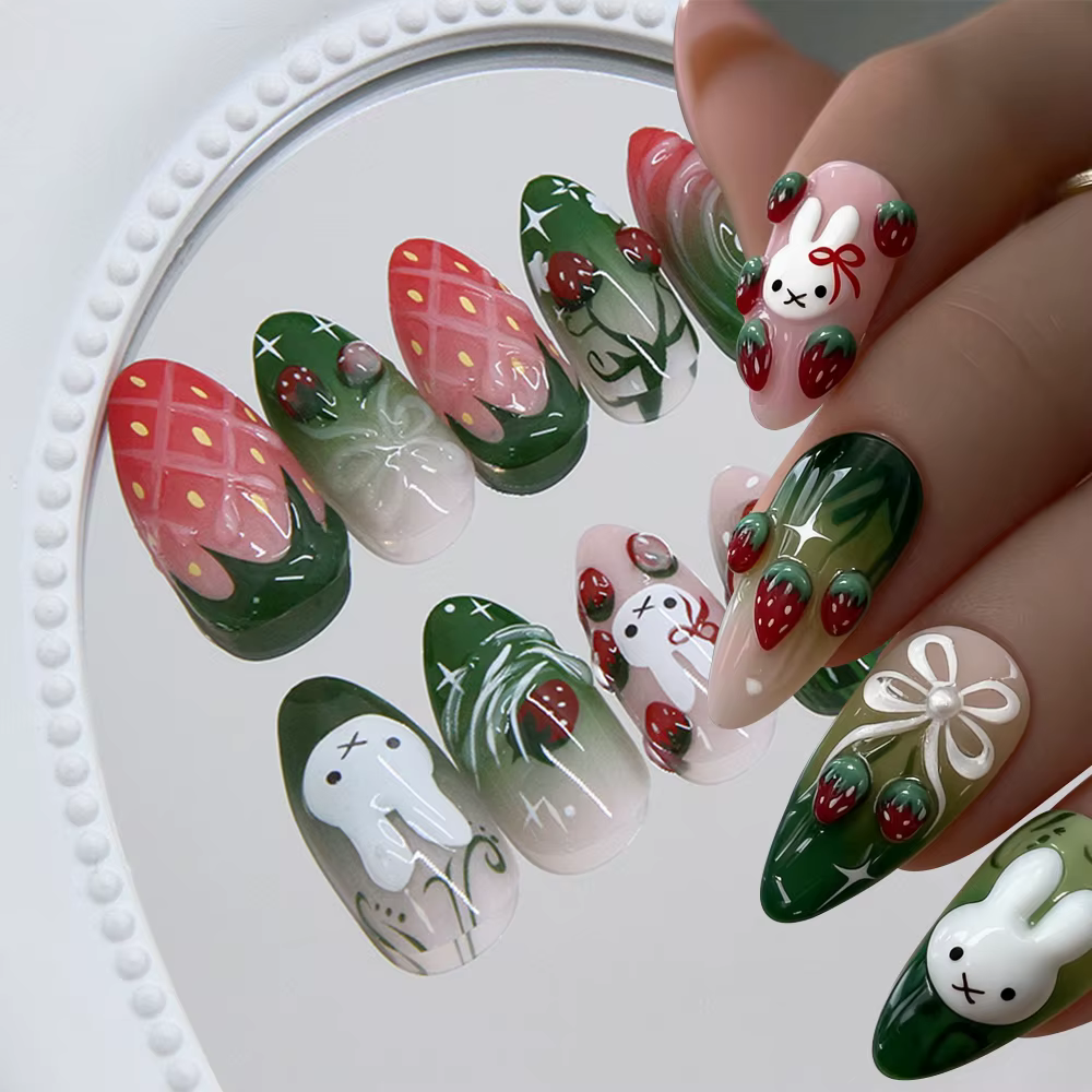 Y2K 24 pièces/paquet Faux ongles à presser motif fraise