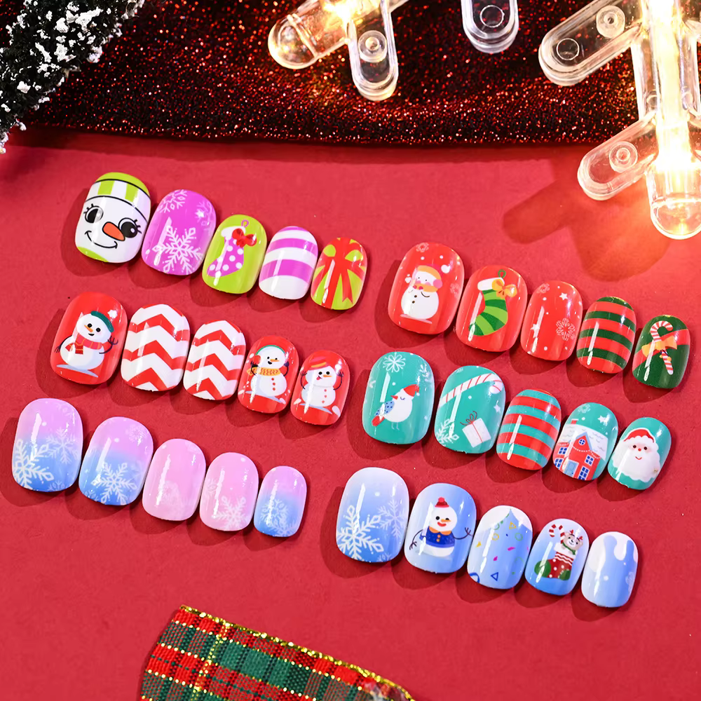 144 pièces/boîte noël enfants faux ongles beau bonhomme de neige flocons