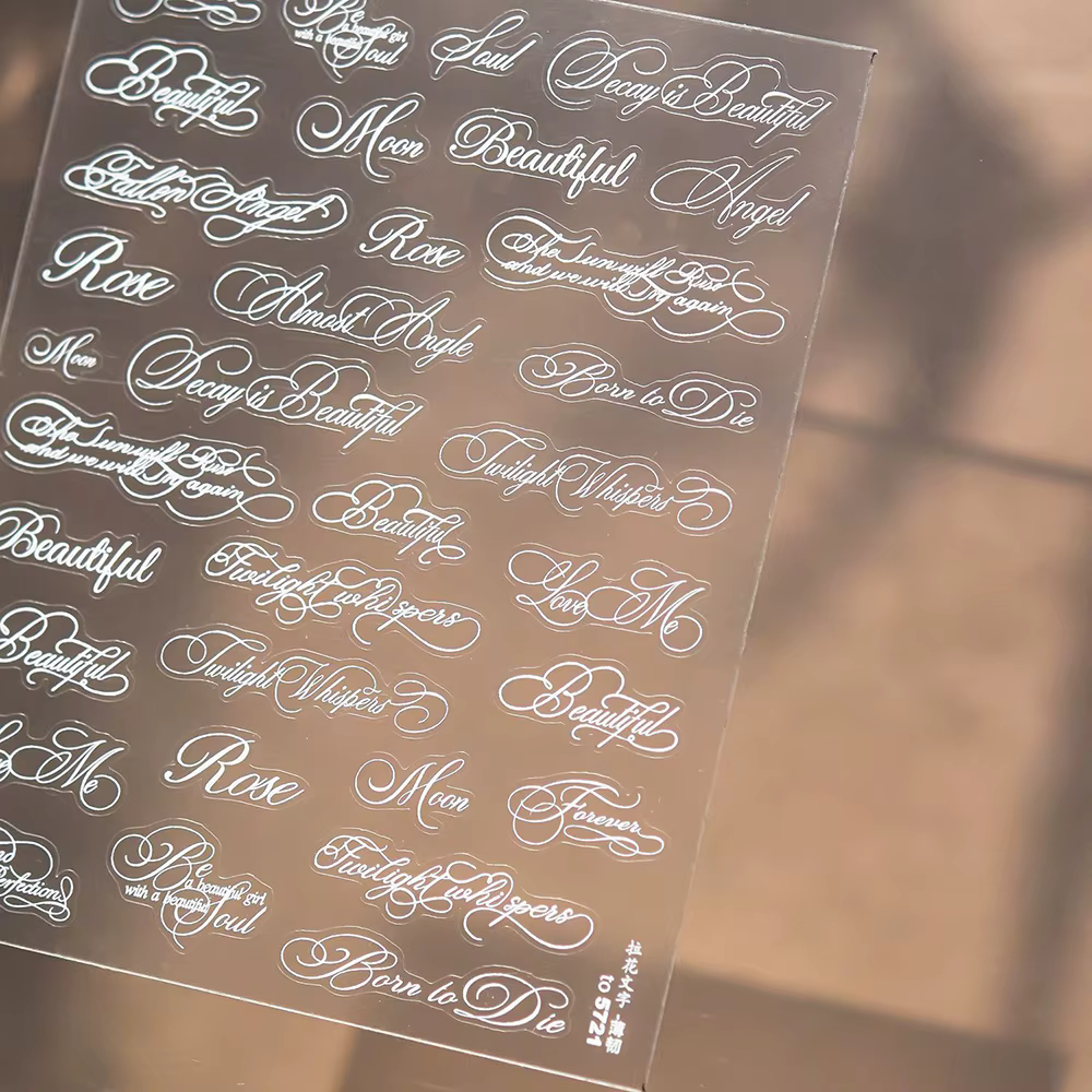 Autocollants pour ongles à motifs lettres anglaises, noir et blanc, style artistique, design manuscrit, décorations de manucure pour fête