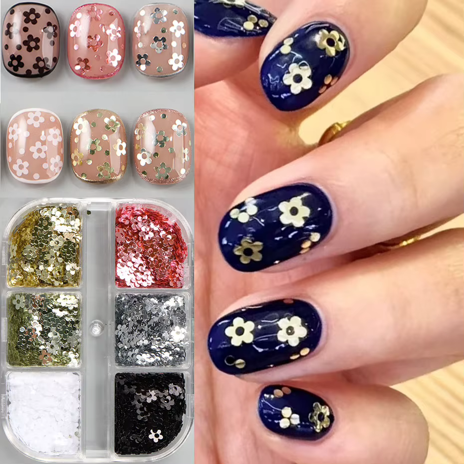 6 grilles Kawaii 5 pétales noir blanc Nail Art flocon Y2K brillant doré ongles fleur paillettes 3D métal