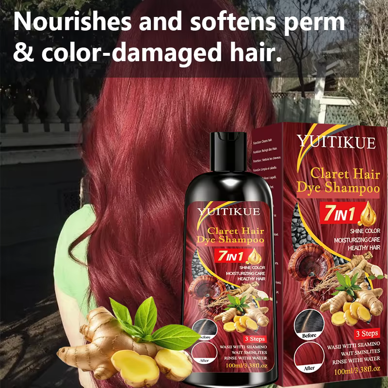 YUITIKUE Shampooing Colorant pour Cheveux Claret 100ml, Coloration Rapide 7 en 1, Soin Hydratant aux Ingrédients Naturels pour des Cheveux Brillants et Sains