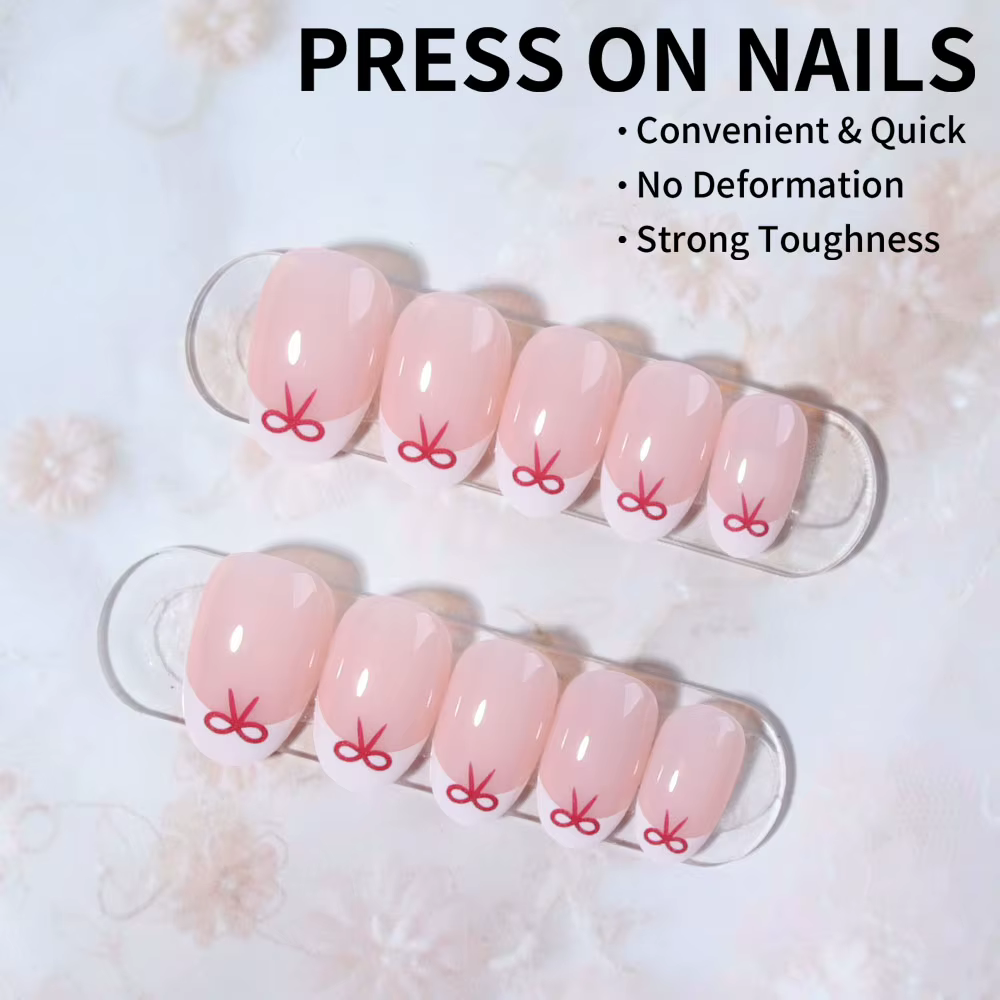 24 morceaux de pointes d'ongles courtes en forme d'amande avec des motifs de nœud rouge