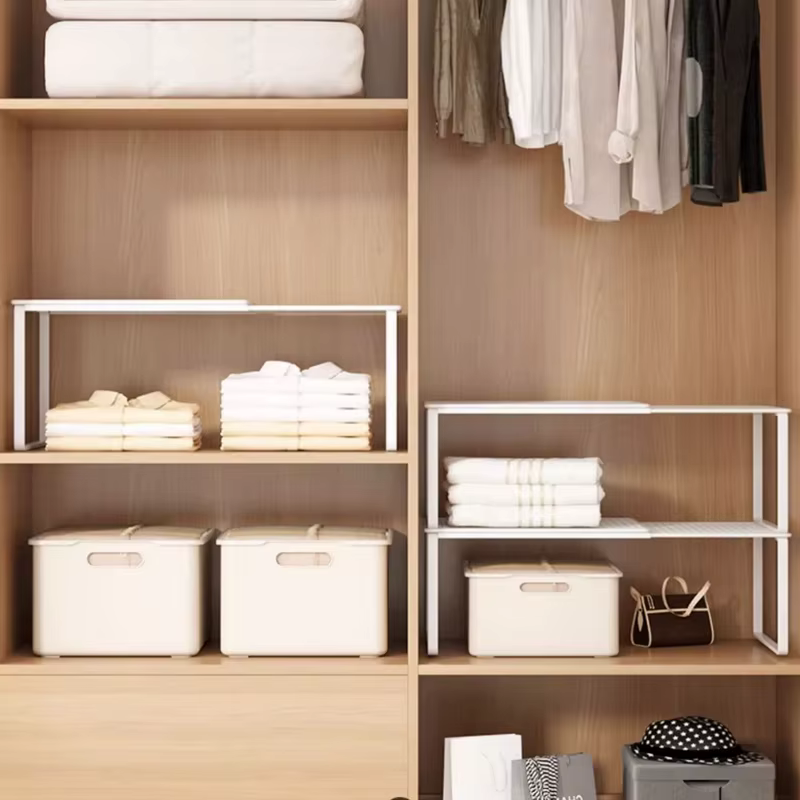 Organisateur d'étagère de placard télescopique, séparateur réglable rétractable et empilable pour garde-robe, armoire, placard, gain d'espace de rangement