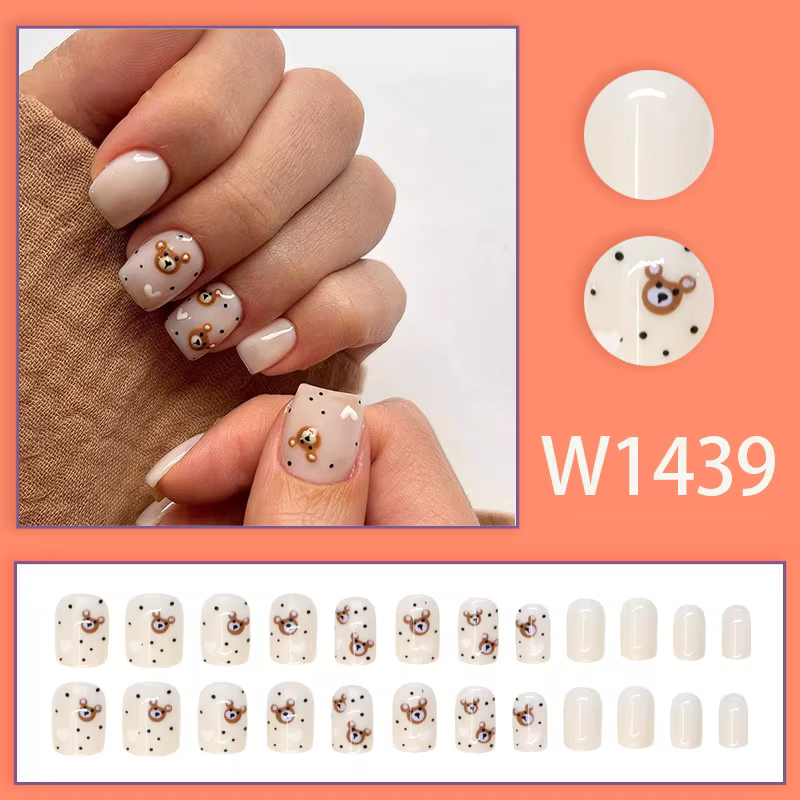 Mignon petit ours 24 pièces presse sur ongles rose dégradé faux