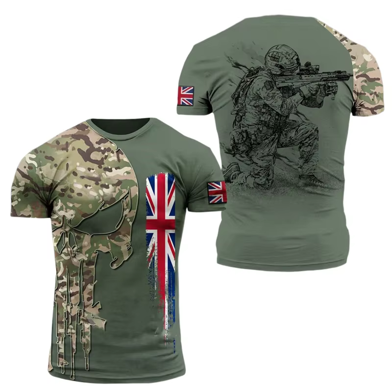 T-shirt graphique drapeau britannique été 2026 pour hommes, vêtements de sport, t-shirts imprimés 3D camouflage champêtre, hauts de qualité supérieure