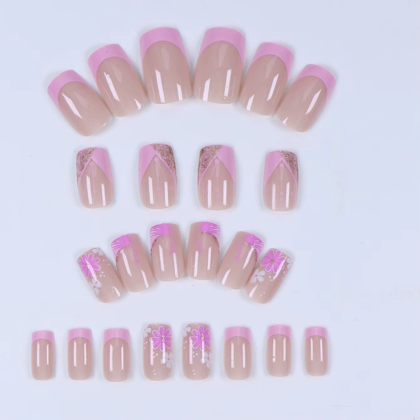 24 faux ongles courts carrés français simples à motif floral + 1 colle