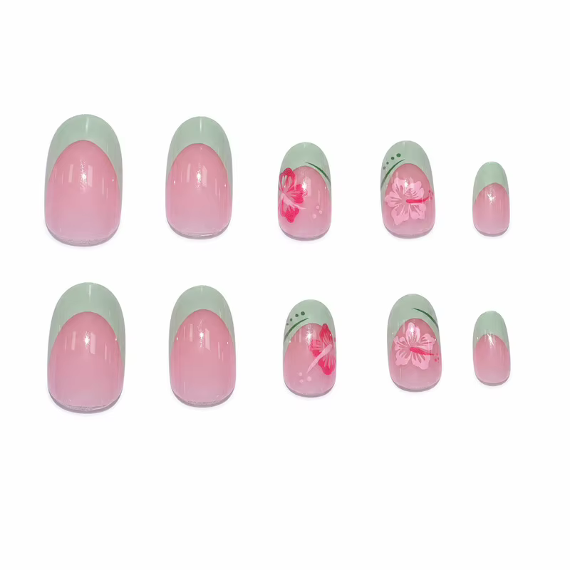 Ongles à presser verts menthe avec petites fleurs rouges, forme ovale nude, populaires en Europe et en Amérique, 24 pièces, capsules d'ongles finies