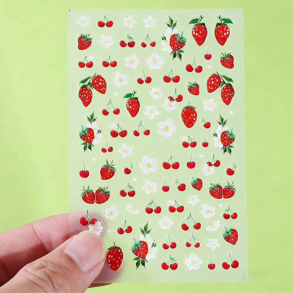1 autocollant pour ongles 5D motif fraise rouge mignonne