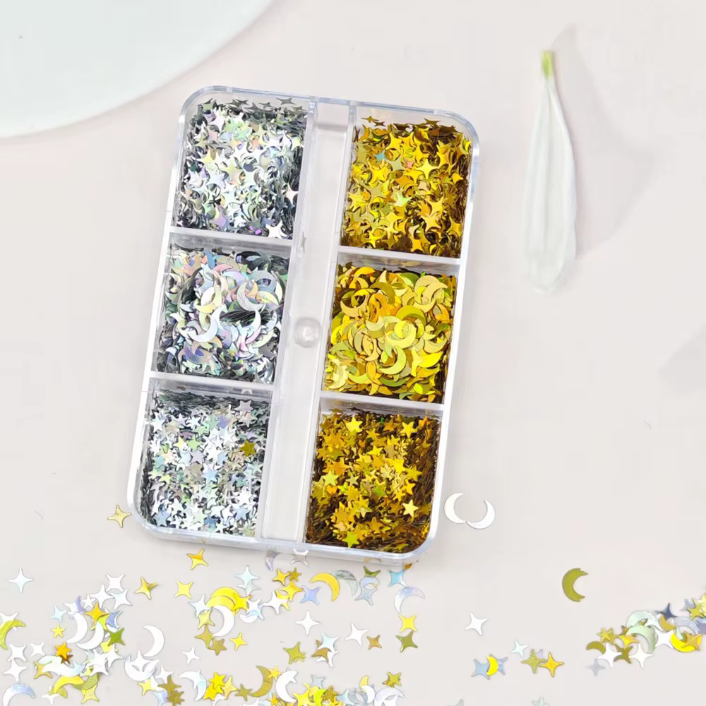 6 grilles brillant Nightsky ongles ornement flocons Chrome Holo argent or étoiles paillettes ensemble UV Gel Nailtips