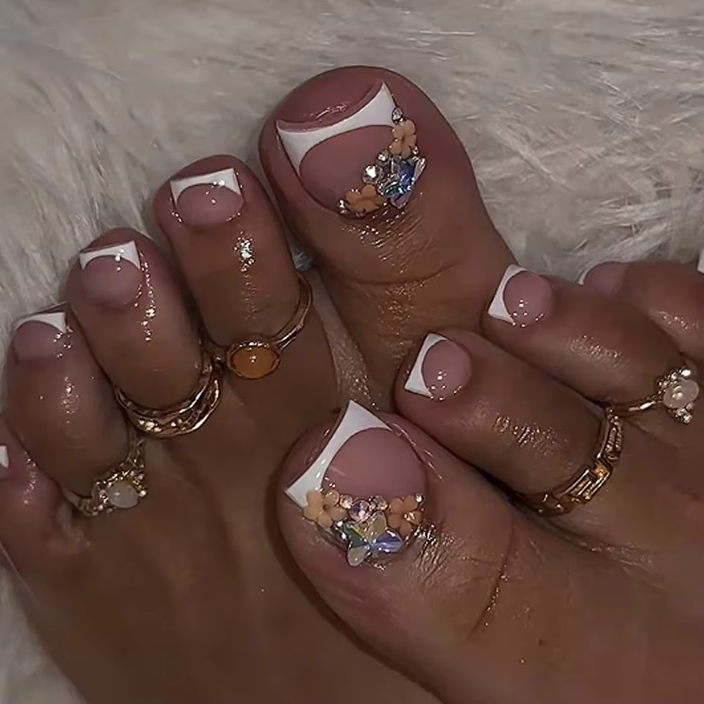 Orange français été 3D fleurs Nail Art portable mode faux ongles détachable fini orteil