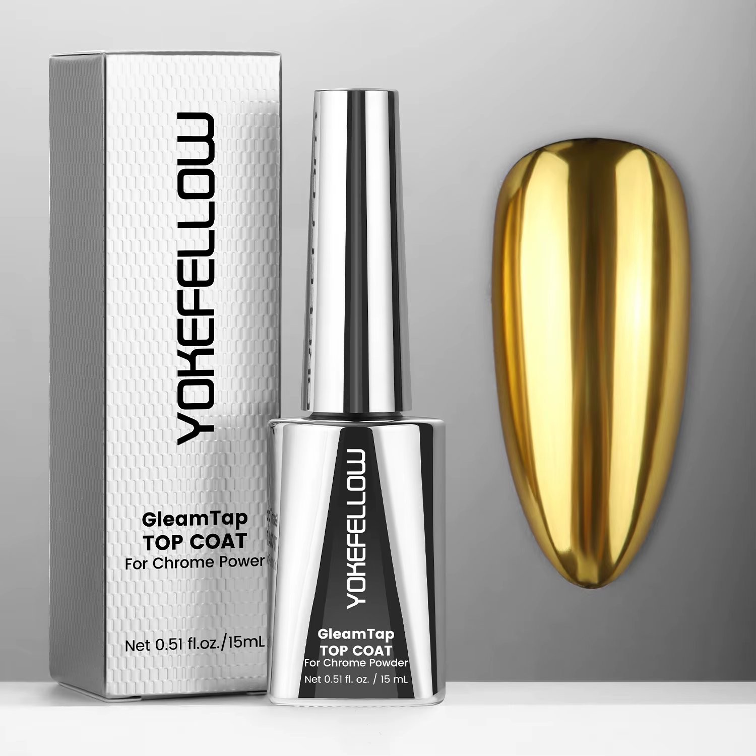 NOUVEAU YOKEFELLOW GleamTap Top Coat pour Poudre Chromée Sans HEMA et TPO 15ML – Rétention Maximale