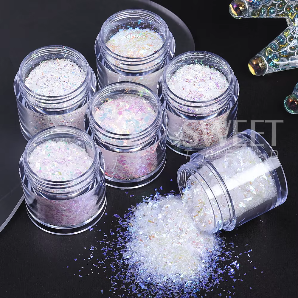 6 bouteilles de Paillettes blanches irisées pour Nail Art