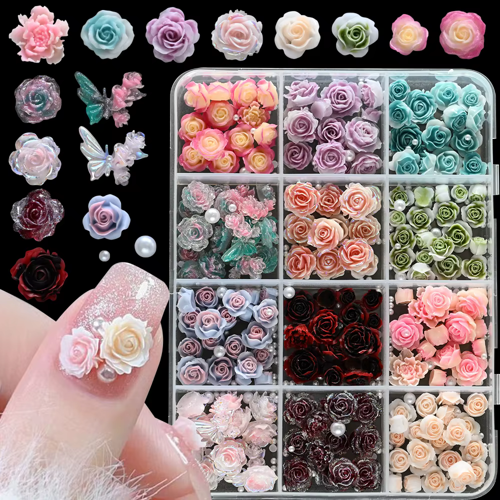 12 grilles 3D camélia Rose fleur Nail Art breloques mixte Floral papillon perle ongles décorations pour bricolage artisanat manucure accessoire