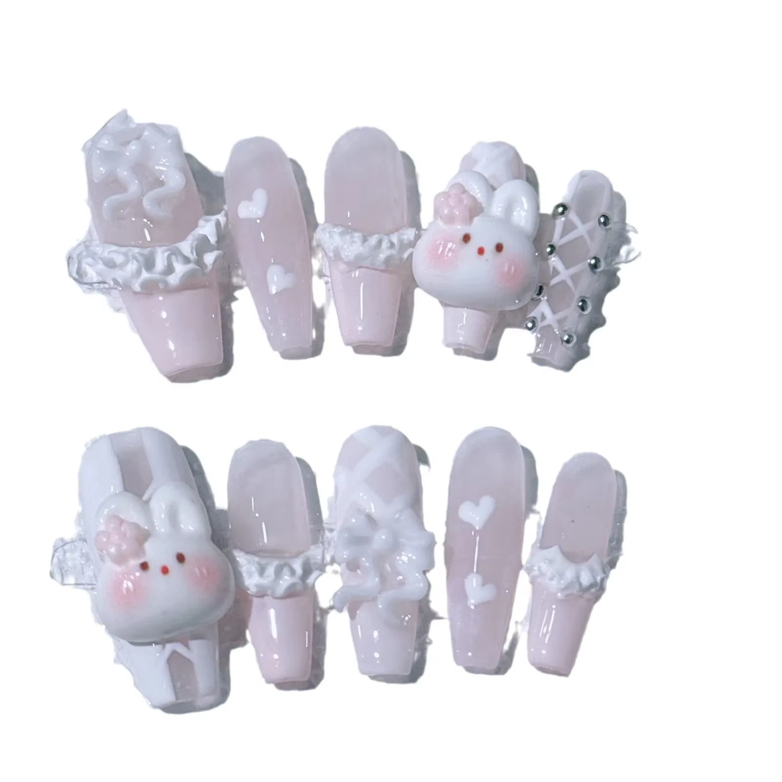 Faux ongles longs et amovibles faits à la main réutilisables simples doux français rose girly jupe en forme de cœur lapin mignon