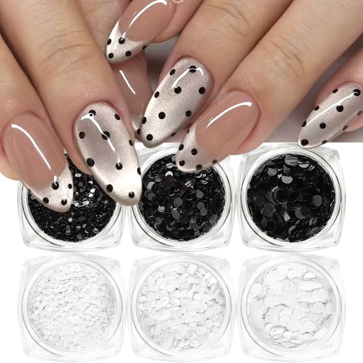 Accessoires de nail art à pois noirs et blancs scintillants