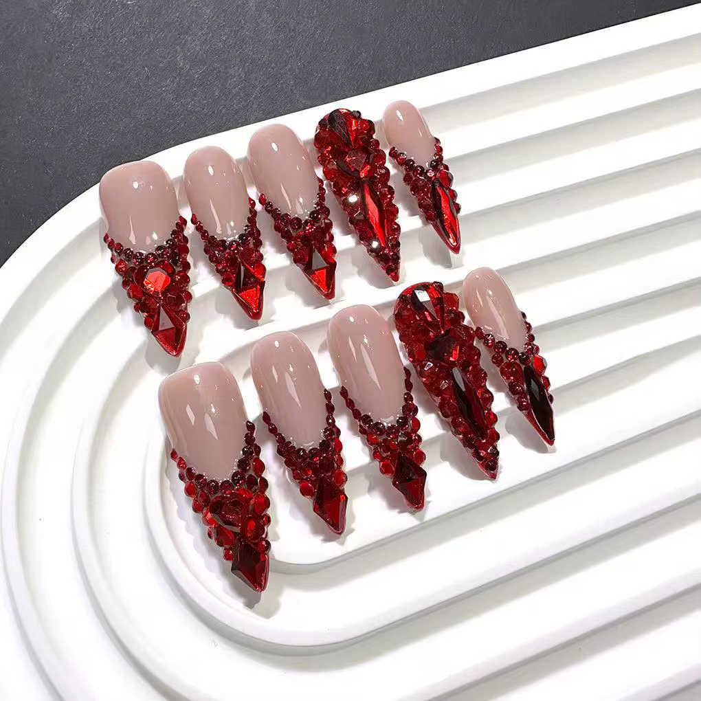 10 pièces haut de gamme la série rouge est pleine de diamants cercueil fait à la main pointes françaises faux ongles