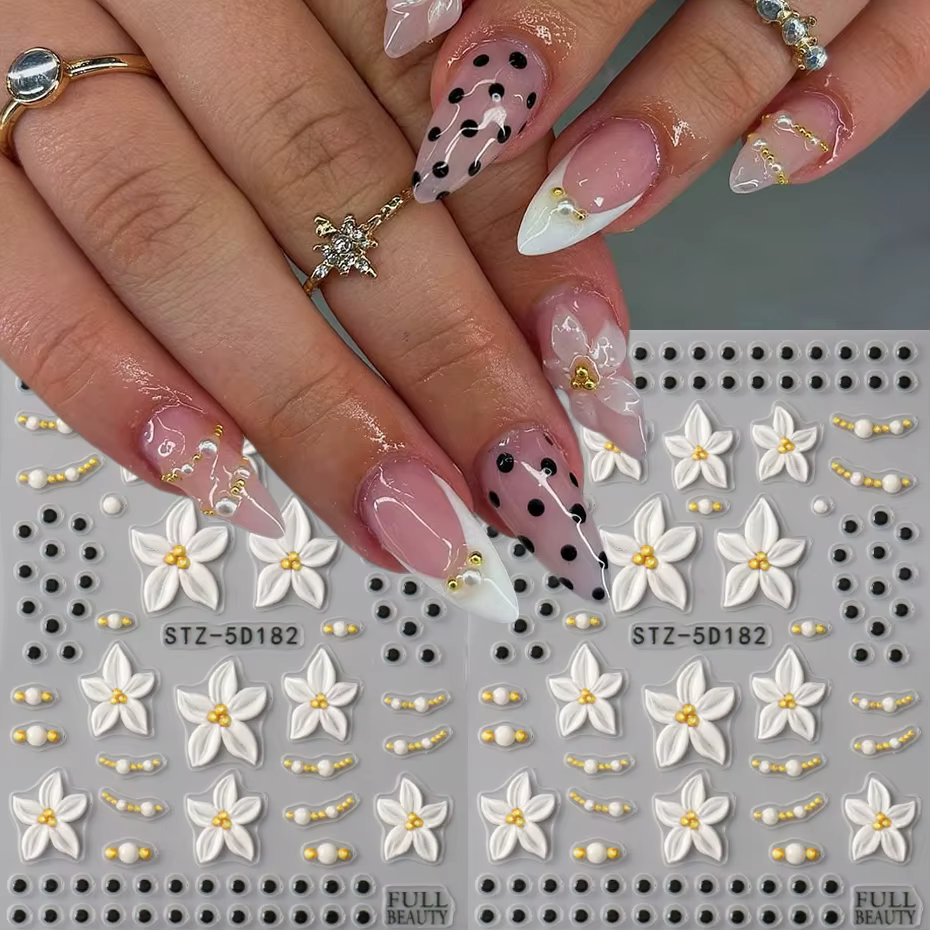Autocollants pour ongles à motifs floraux tropicaux - Design floral blanc et à pois