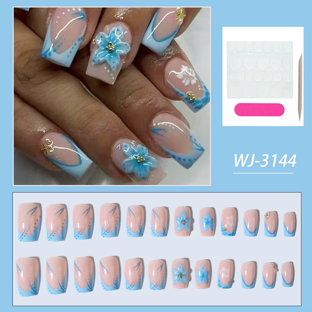 24 pièces court carré 3D Gel ongles fait avec perle décoration Design bleu clair français acrylique presse