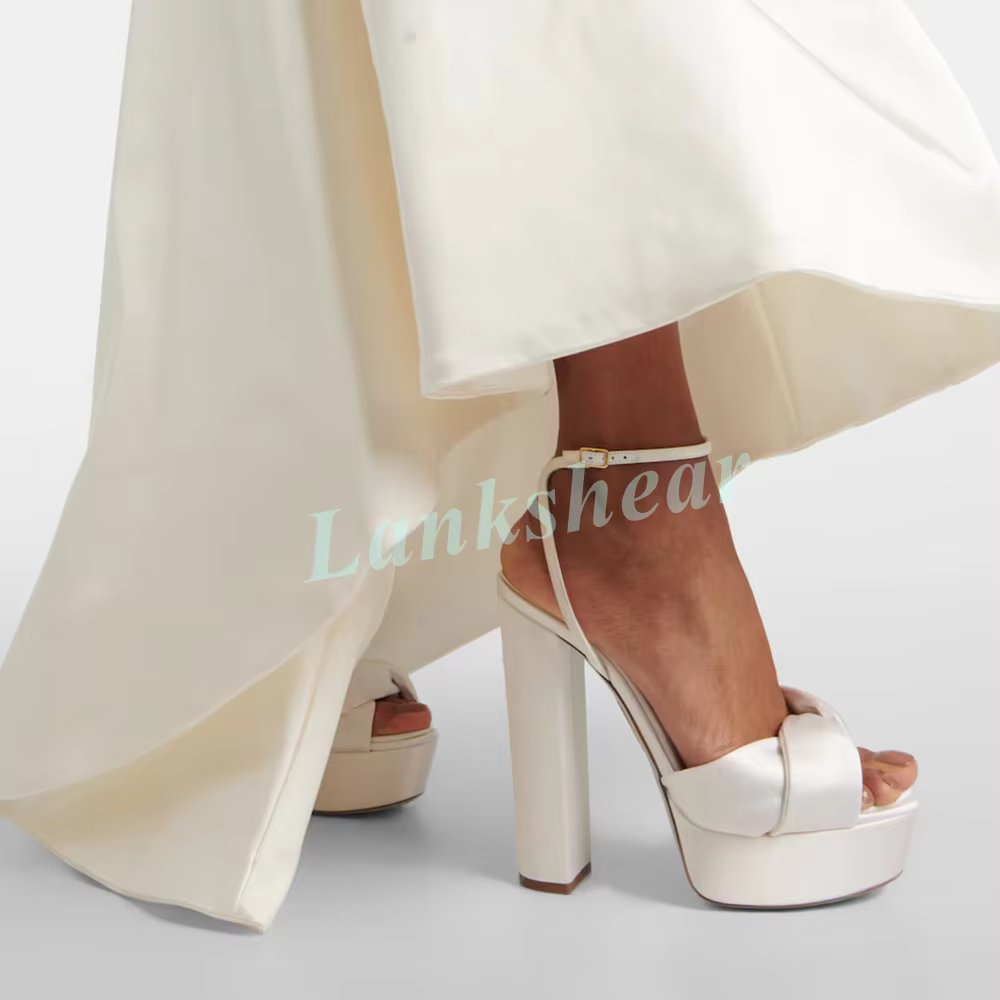 Sandales à plateforme en satin blanc pour femmes, à bout ouvert avec détail en satin noué, talon épais élégant, chaussures de mariée pour mariage