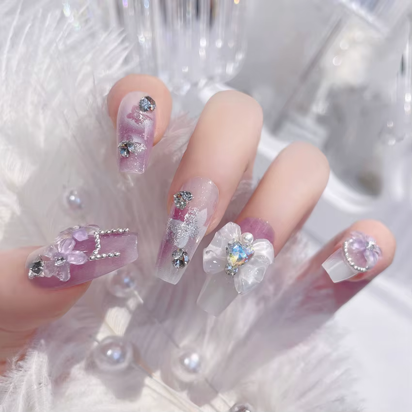 Blush rose faux ongles nœud papillon diamant perle conception 3D presse sur les pointes d'ongles avec bord lisse