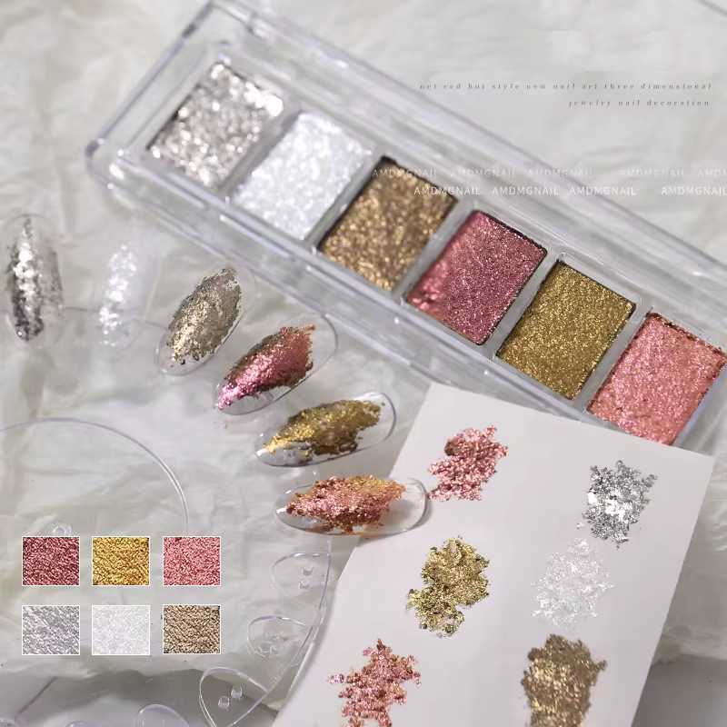 6 grilles brillant Bling boue ongles solide Pigment cristal opale frottant la poussière Aurora Chrome paillettes pâte charme japonais manucure Flash