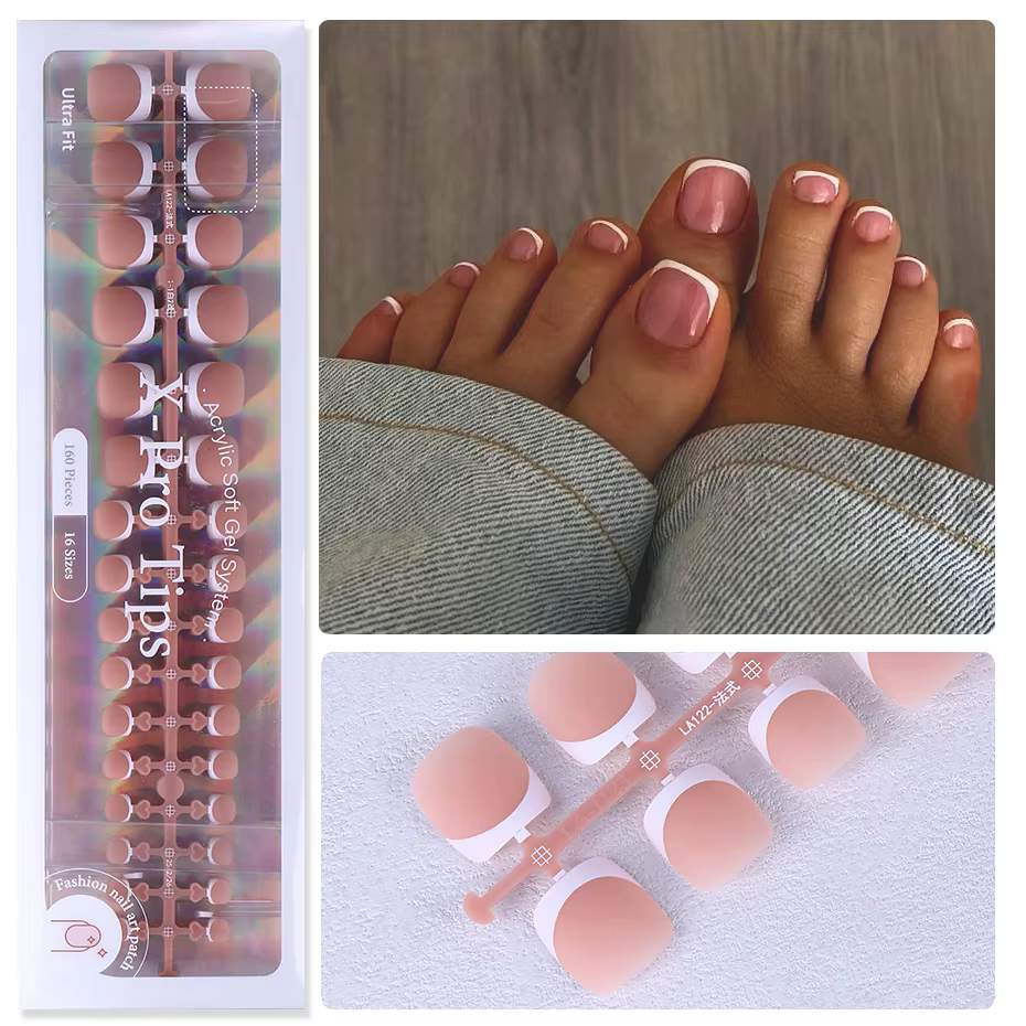 160 pièces faux ongles des orteils rose français court carré couverture complète naturel artificiel acrylique