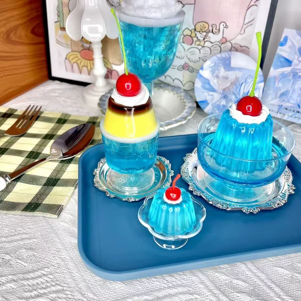 Accessoires photo de pudding simulé, Gumei Blue Bubble Fruit Jelly Pudding, dessert pour fille, décoration de chambre mignonne, ornement, accessoires de décoration, cadeau