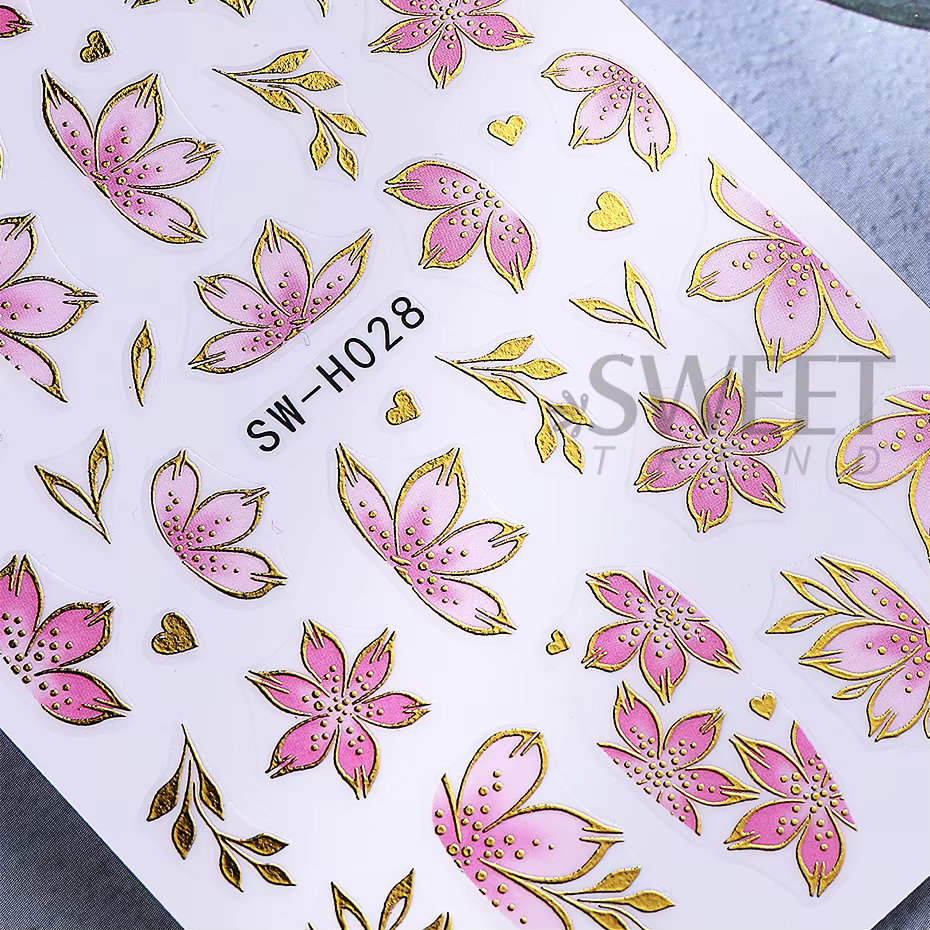 Autocollants pour ongles fleur d'hibiscus rose doré