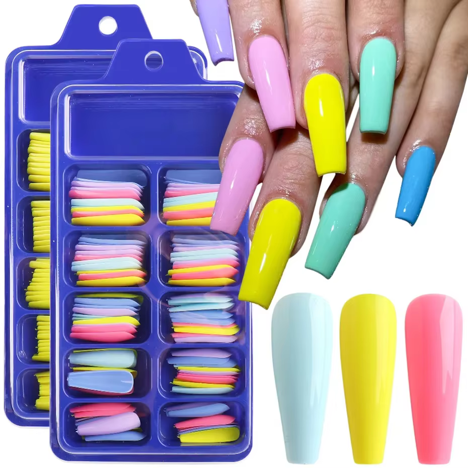 100 pièces faux ongles portable couverture complète couleur unie pointu longue ballerine bleu rose